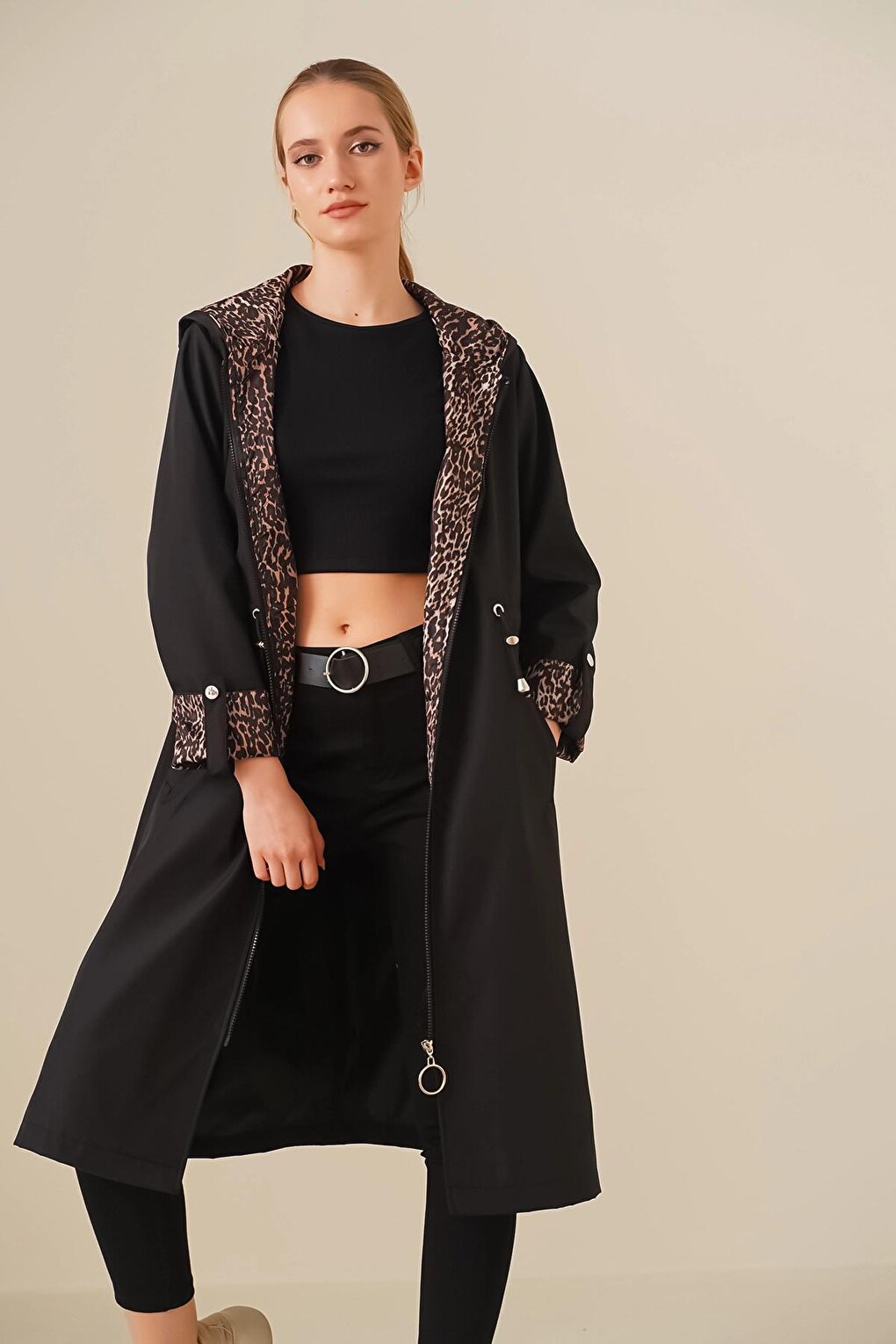 Black Leopard Zippered Waist Gathered Sleeve Cuffed Hooded Long Trench Coat