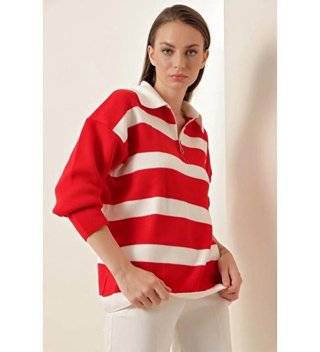 Red Polo Neck Striped Zippered Oversize Knitwear Sweater