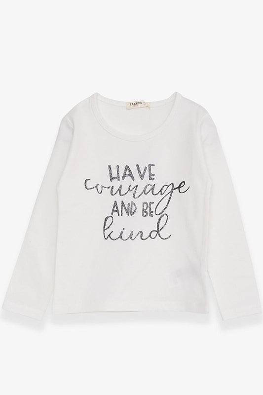 Girl's Long Sleeve T-Shirt Glitter Text Printed Ecru (3-7 Years)