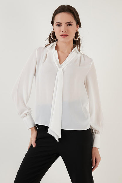 Tie Detailed V-Neck Chiffon Shirt 611BZ0047