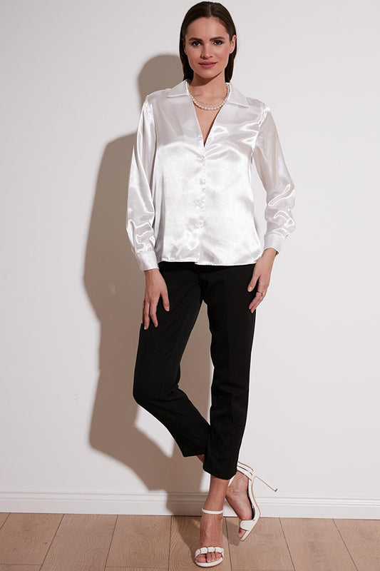 Long Sleeve V-Neck Satin Shirt 611GO0160