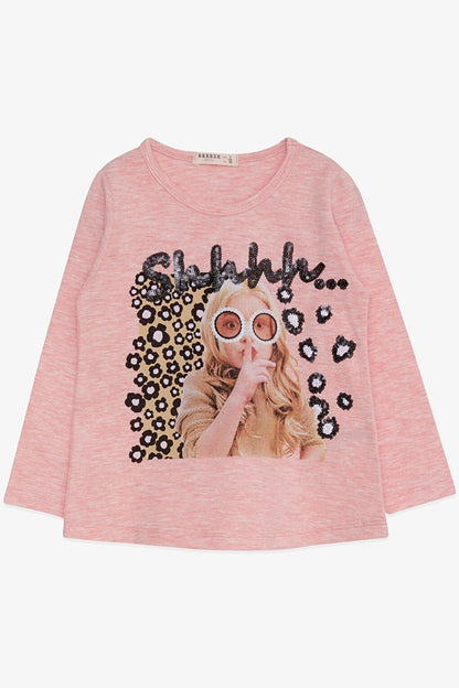 Girl's Long Sleeve T-Shirt Sequin Girl Printed Salmon Melange (Ages 3-8)