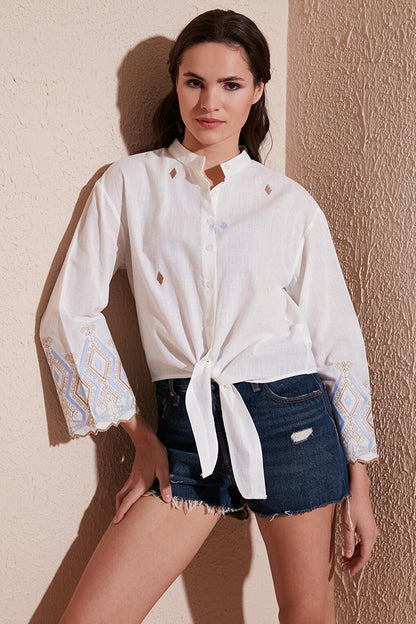 Cotton Embroidered Halter Collar Shirt 6110097