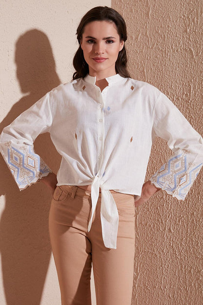 Cotton Embroidered Halter Collar Shirt 6110097