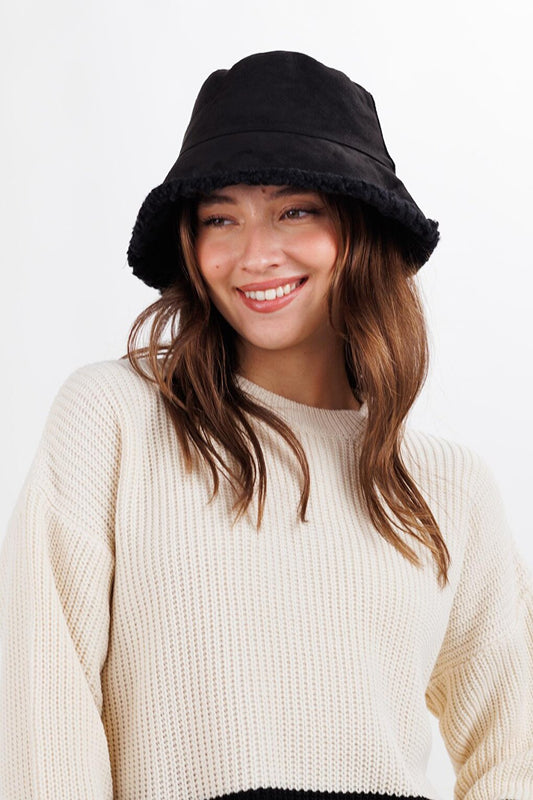 Black Suede Bucket Hat with Fur Inside