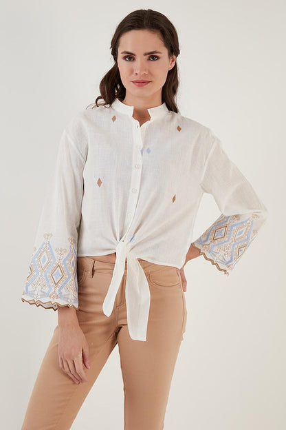 Cotton Embroidered Halter Collar Shirt 6110097