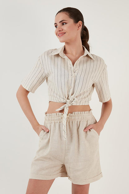 Linen Look Tie-Up Short Sleeve Crop Shirt 611AU007