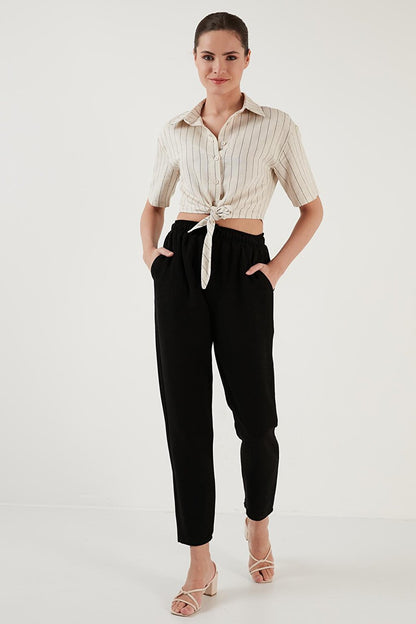 Linen Look Tie-Up Short Sleeve Crop Shirt 611AU007