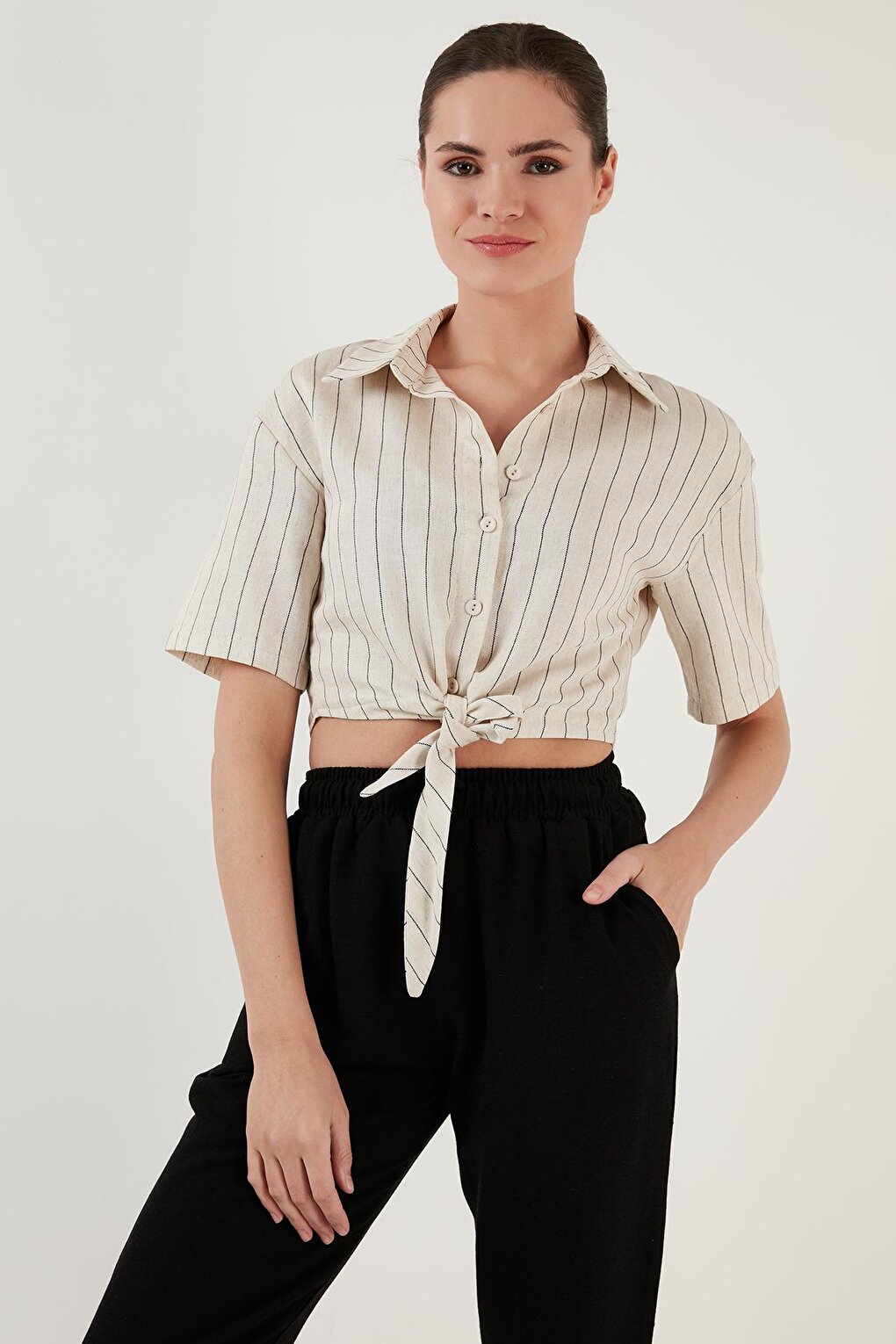 Linen Look Tie-Up Short Sleeve Crop Shirt 611AU007