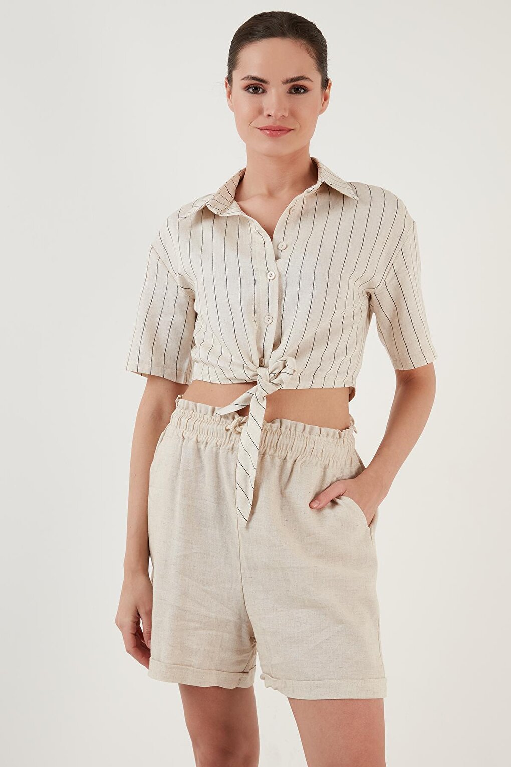 Linen Look Tie-Up Short Sleeve Crop Shirt 611AU007