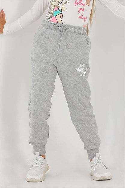 Girls' Gray Colored Pocket Girls You Are The Best Printed Sweatpants