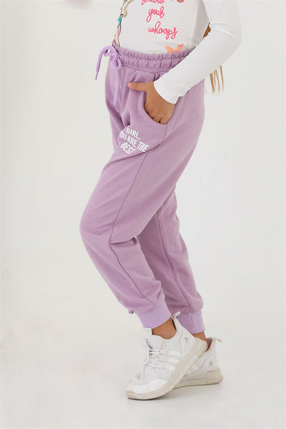 Girls' Lilac Colored Pocket Girls You Are The Best Printed Sweatpants