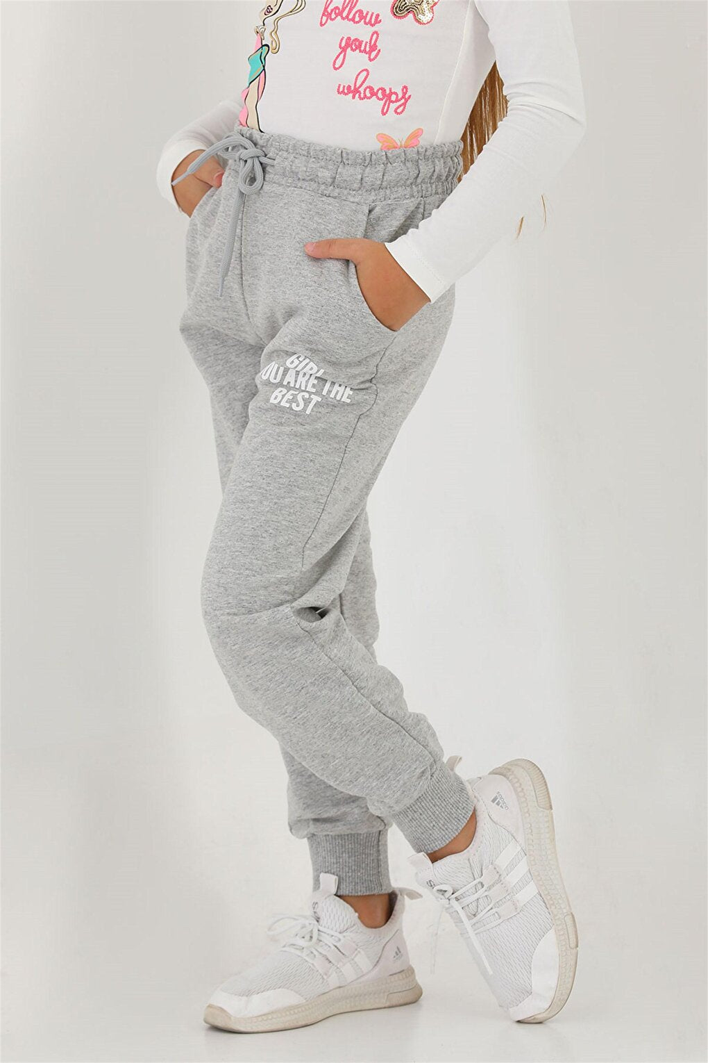 Girls' Gray Colored Pocket Girls You Are The Best Printed Sweatpants