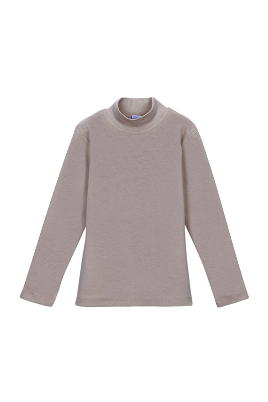 Dark Beige Melange Girl's Half Fisherman Long Sleeve T-Shirt