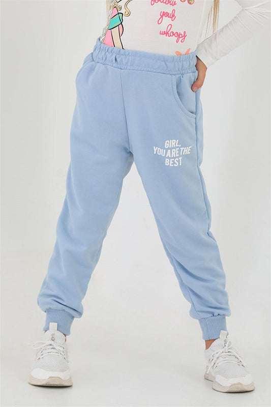 Girls' Blue Colored Pocket Girls You Are The Best Printed Sweatpants