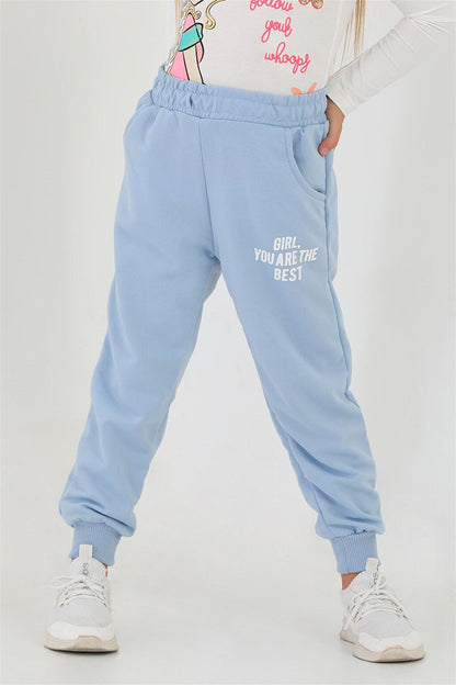 Girls' Blue Colored Pocket Girls You Are The Best Printed Sweatpants