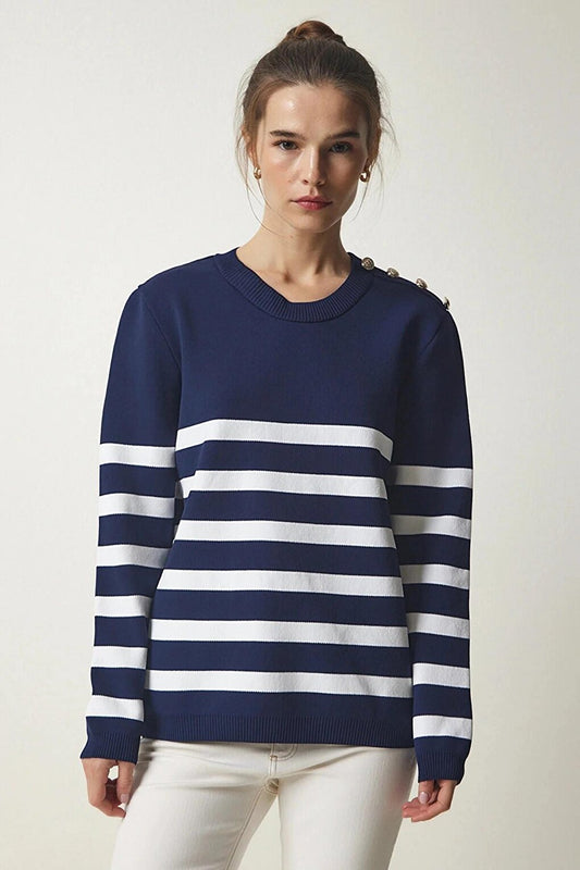 Women's Navy Blue and White Striped Shoulder Detailed Crew Neck Sweater HZL24W-BD1102081