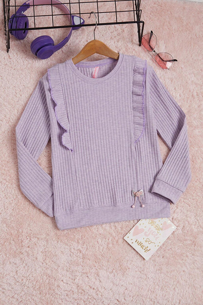 Lilac Front Ruffled Ribbed Long Sleeve Sweatshirt 16277