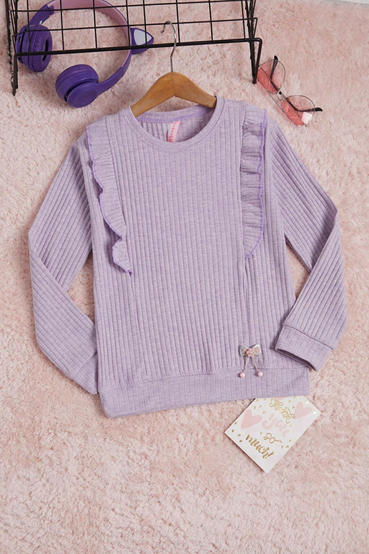 Lilac Front Ruffled Ribbed Long Sleeve Sweatshirt 16277