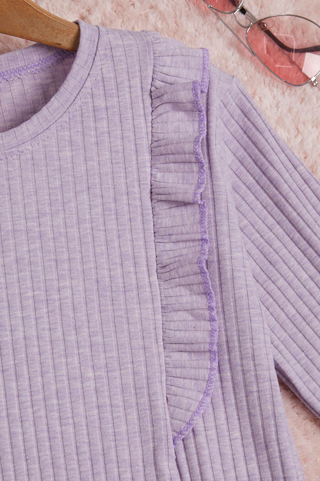 Lilac Front Ruffled Ribbed Long Sleeve Sweatshirt 16277