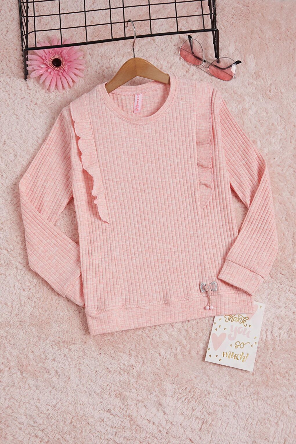 Pink Frilly Front Ribbed Long Sleeve Sweatshirt 16278