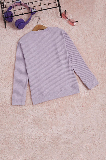 Lilac Front Ruffled Ribbed Long Sleeve Sweatshirt 16277