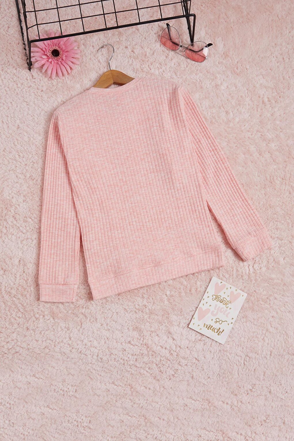 Pink Frilly Front Ribbed Long Sleeve Sweatshirt 16278