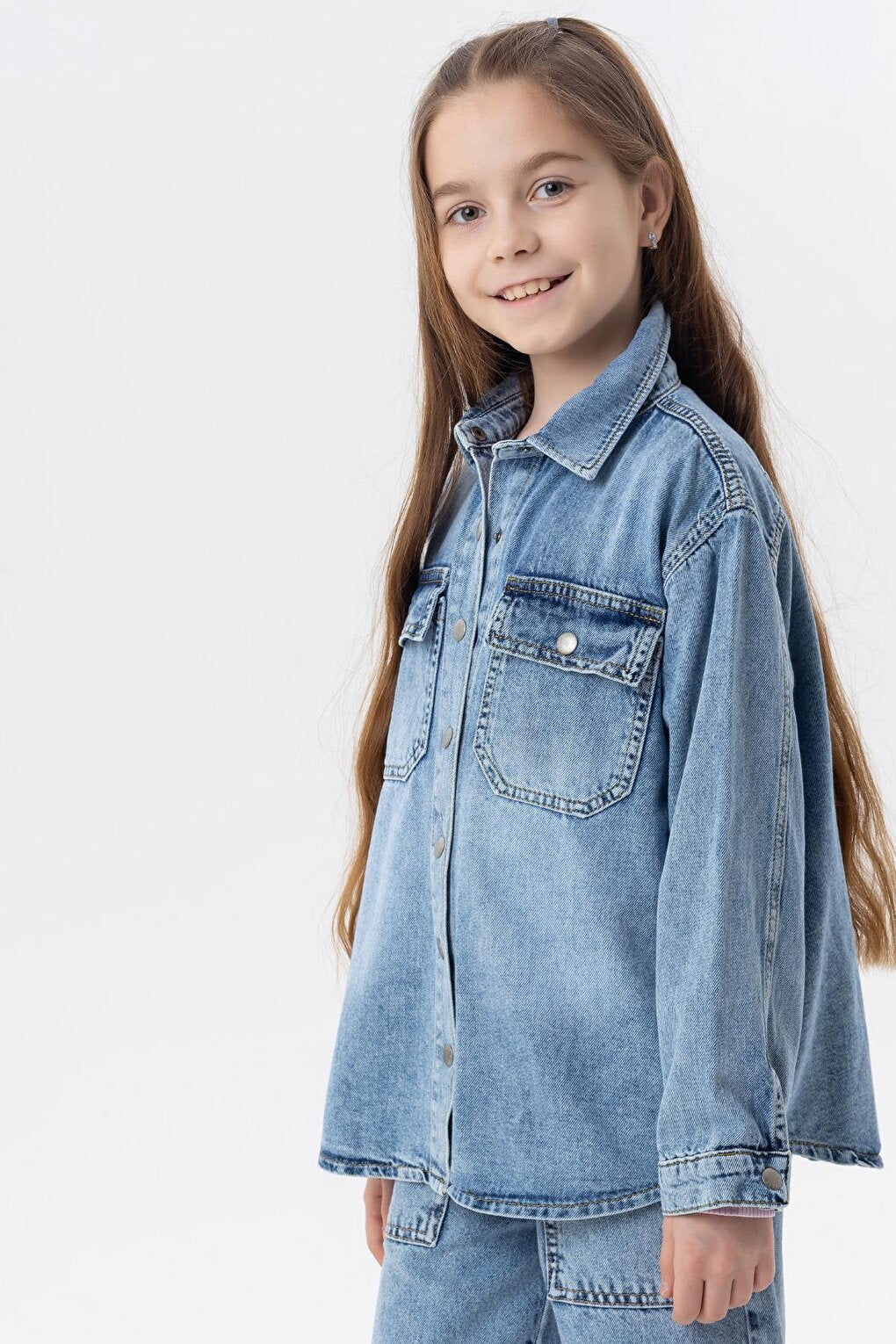 Girl's Denim Shirt Jacket Pocket with Snap Fastener Blue (8-14 Years)