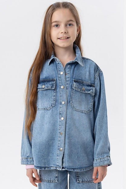 Girl's Denim Shirt Jacket Pocket with Snap Fastener Blue (8-14 Years)