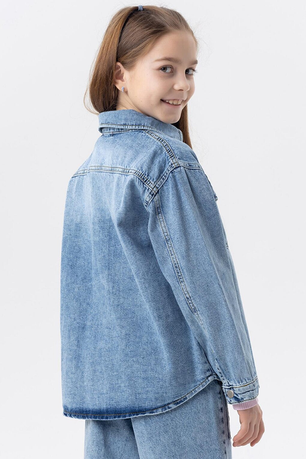 Girl's Denim Shirt Jacket Pocket with Snap Fastener Blue (8-14 Years)