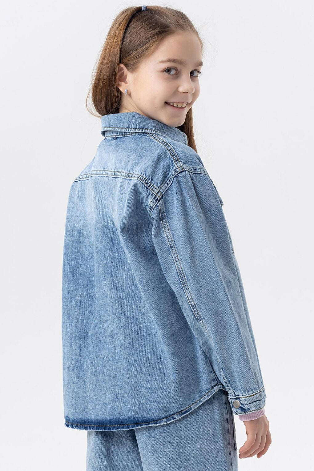 Girl's Jean Shirt Jacket Pocket and Snap Fastener Blue (Age 8-14)