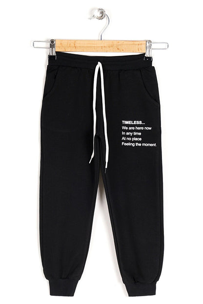 Girl's Black Colored Timeless Printed Sweatpants with Elastic Legs