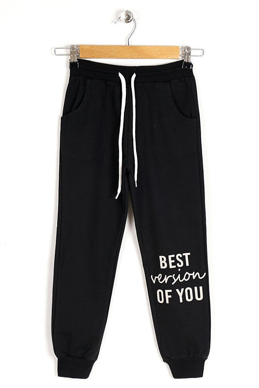 Girl's Black Colored Pocket Best Version Of You Printed Sweatpants