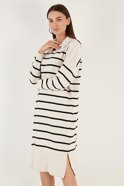 Striped Slit Polo Neck Knitwear Midi Dress 4615172