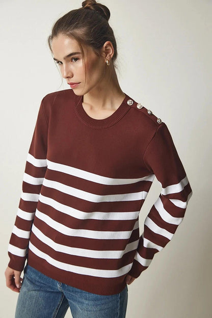 Women's Brown and White Striped Shoulder Detailed Crew Neck Sweater HZL24W-BD1102081