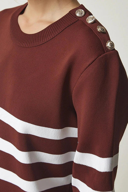 Women's Brown and White Striped Shoulder Detailed Crew Neck Sweater HZL24W-BD1102081