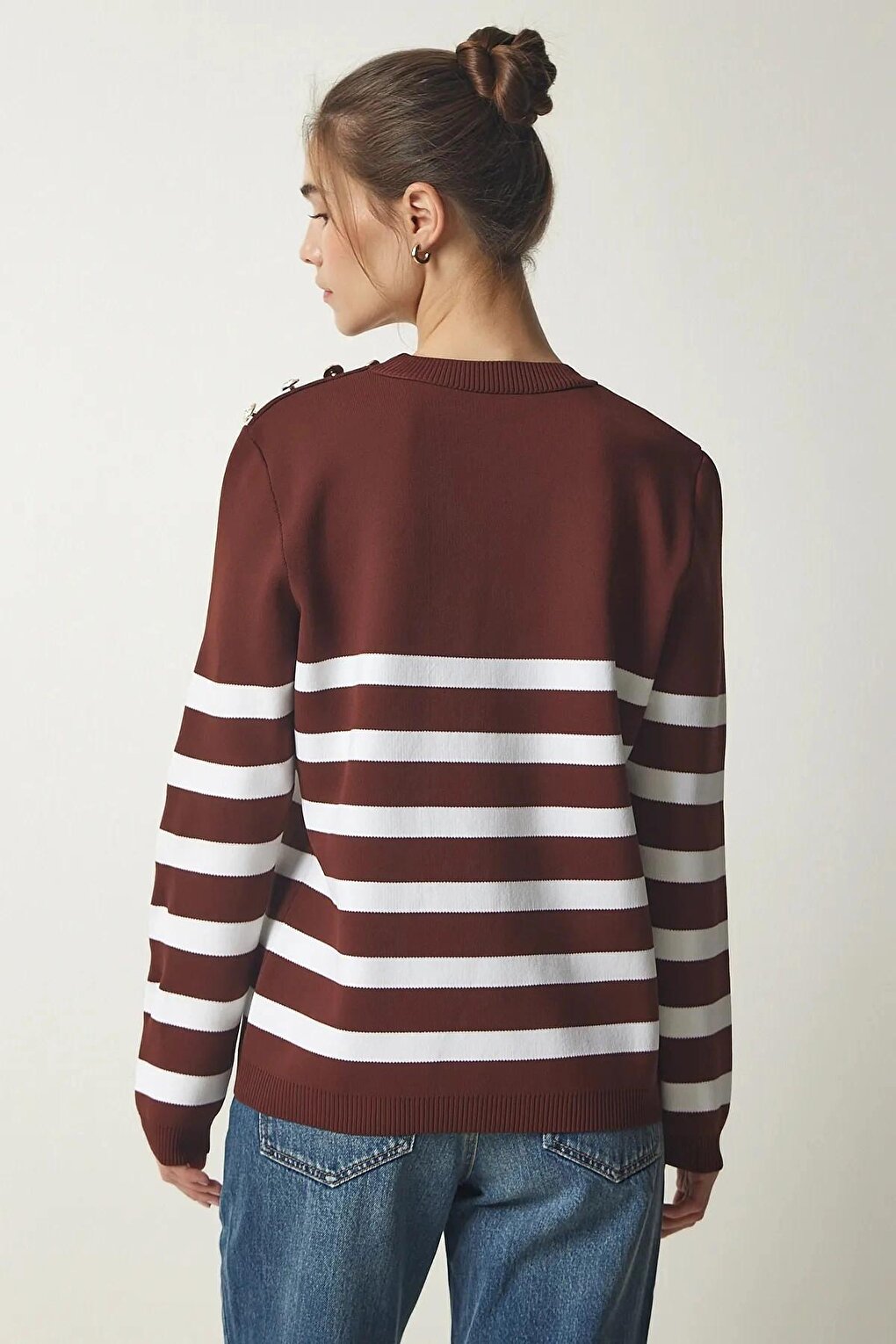 Women's Brown and White Striped Shoulder Detailed Crew Neck Sweater HZL24W-BD1102081