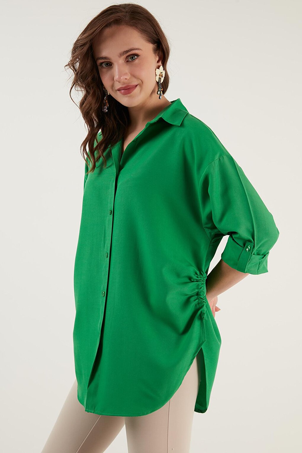 Gathering Detailed Cotton Comfortable Cut Shirt 6234779