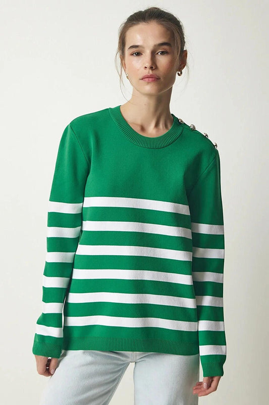 Women's Green and White Striped Shoulder Detailed Crew Neck Sweater HZL24W-BD1102081