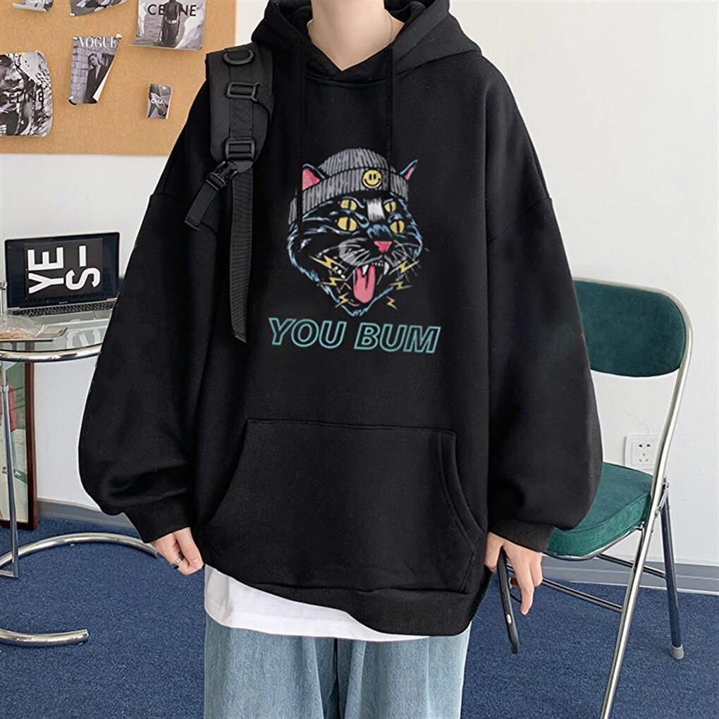 You Bum Cat Printed Black Unisex Oversize Hooded Sweatshirt