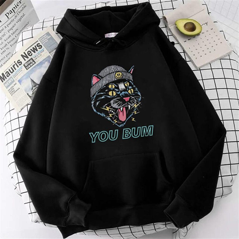 You Bum Cat Printed Black Unisex Oversize Hooded Sweatshirt