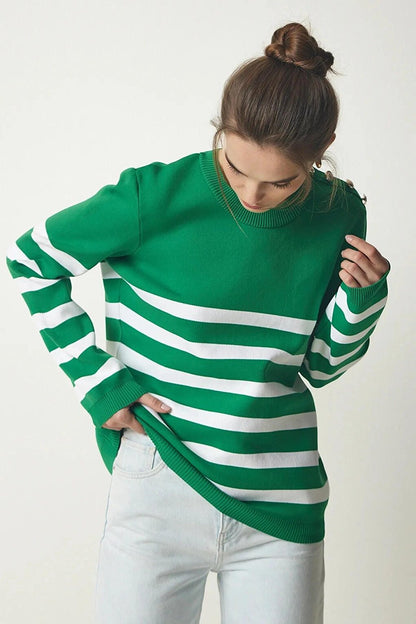 Women's Green and White Striped Shoulder Detailed Crew Neck Sweater HZL24W-BD1102081