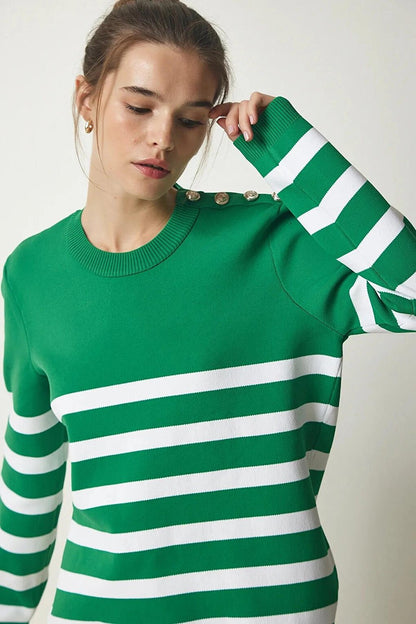 Women's Green and White Striped Shoulder Detailed Crew Neck Sweater HZL24W-BD1102081