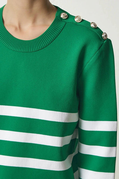 Women's Green and White Striped Shoulder Detailed Crew Neck Sweater HZL24W-BD1102081