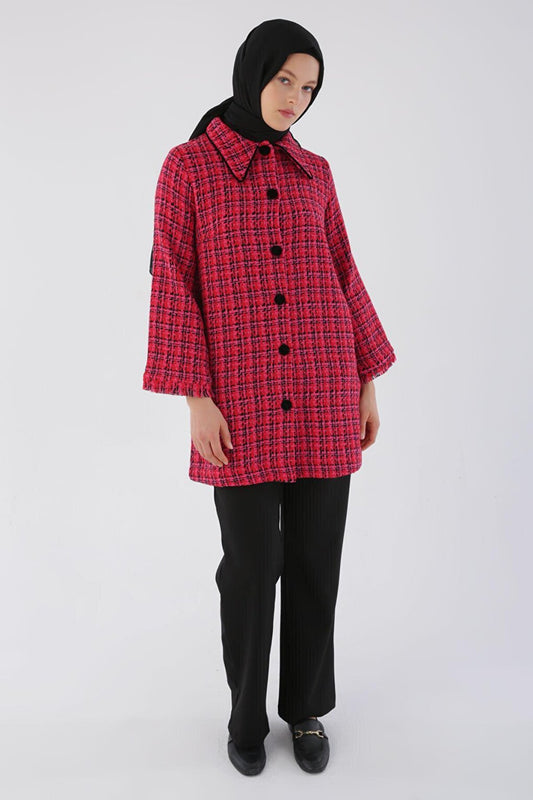 Red Velvet Button-Up Shirt Collar Tweed Jacket