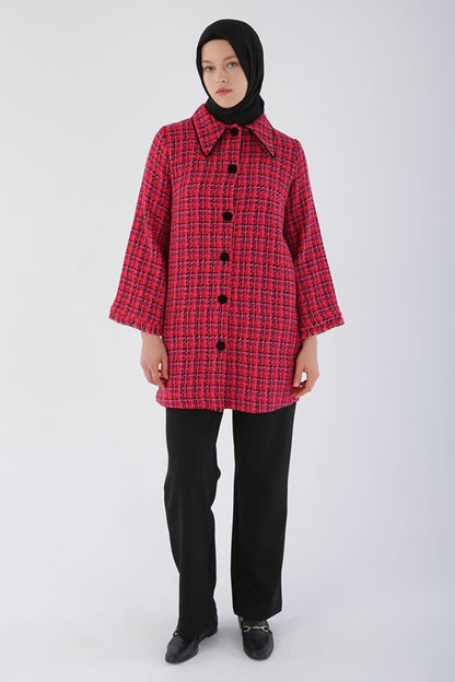 Red Velvet Button-Up Shirt Collar Tweed Jacket