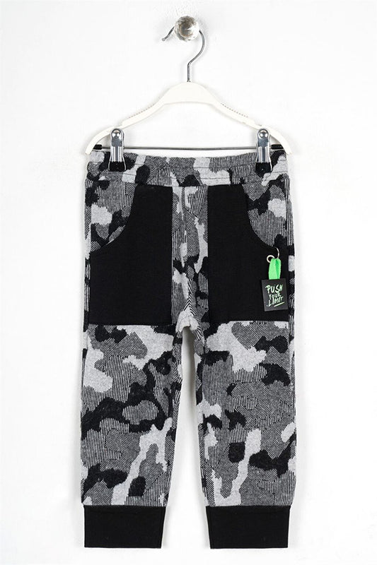 Boy's Gray Camouflage Patterned Sweatpants with Pockets