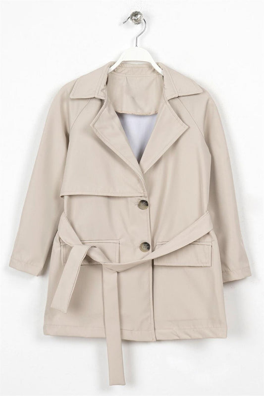 Girl's Beige Colored Double Breasted Collared Waist Trench Coat