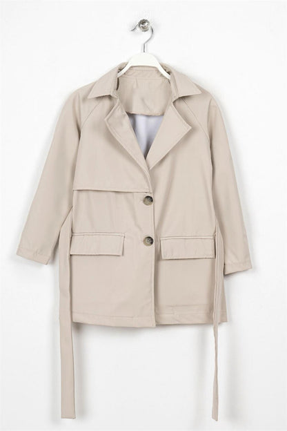 Girl's Beige Colored Double Breasted Collared Waist Trench Coat