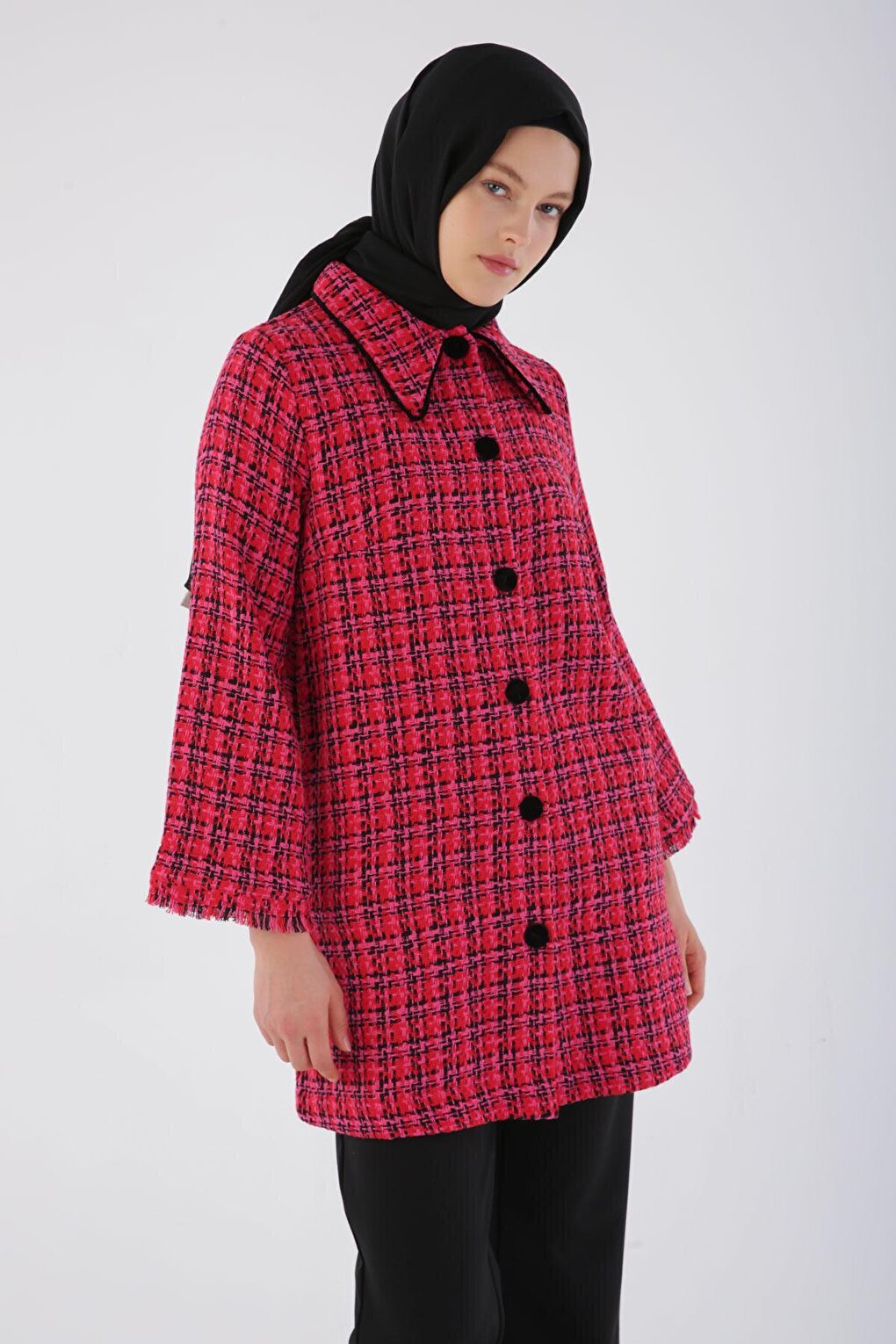 Red Velvet Button-Up Shirt Collar Tweed Jacket